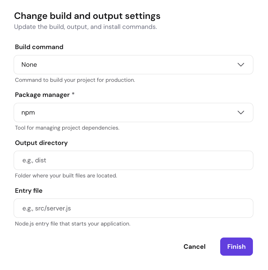 The manual Codex web app build settings input fields on Hostinger hPanel