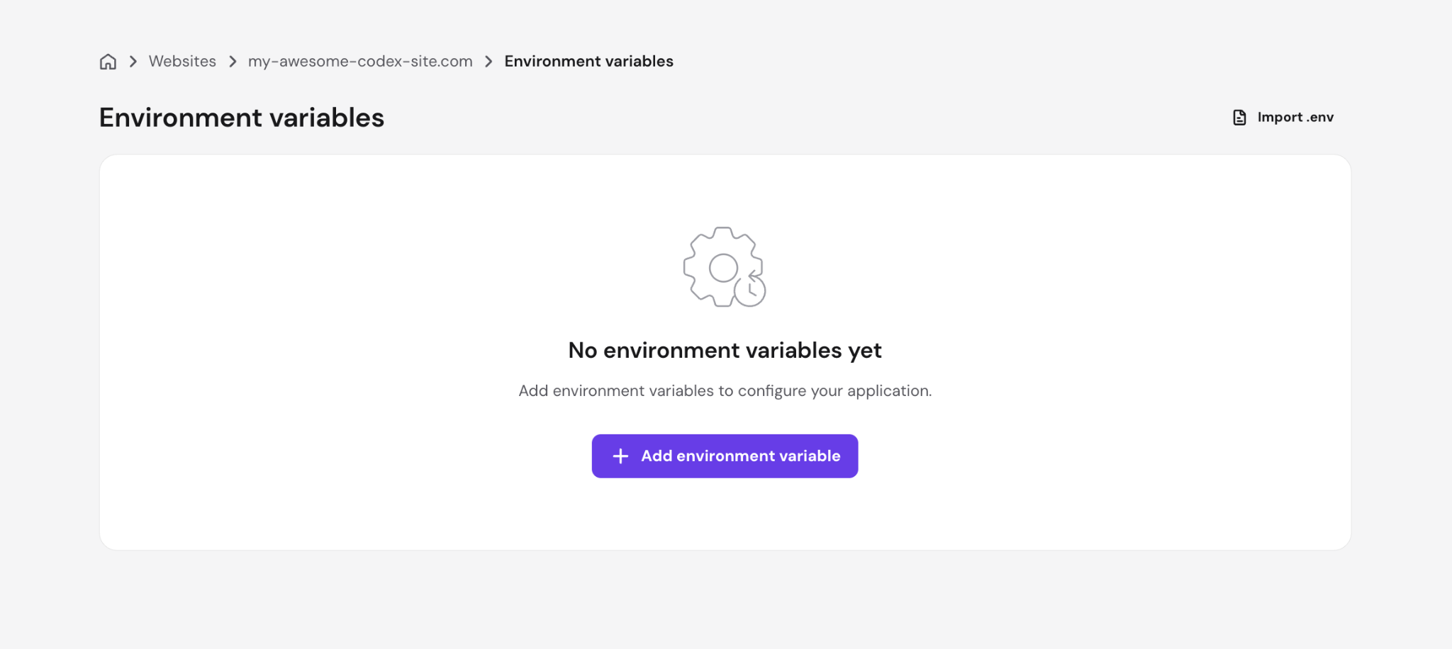 Environment variables menu on a Node.js hosting dashboard on hPanel