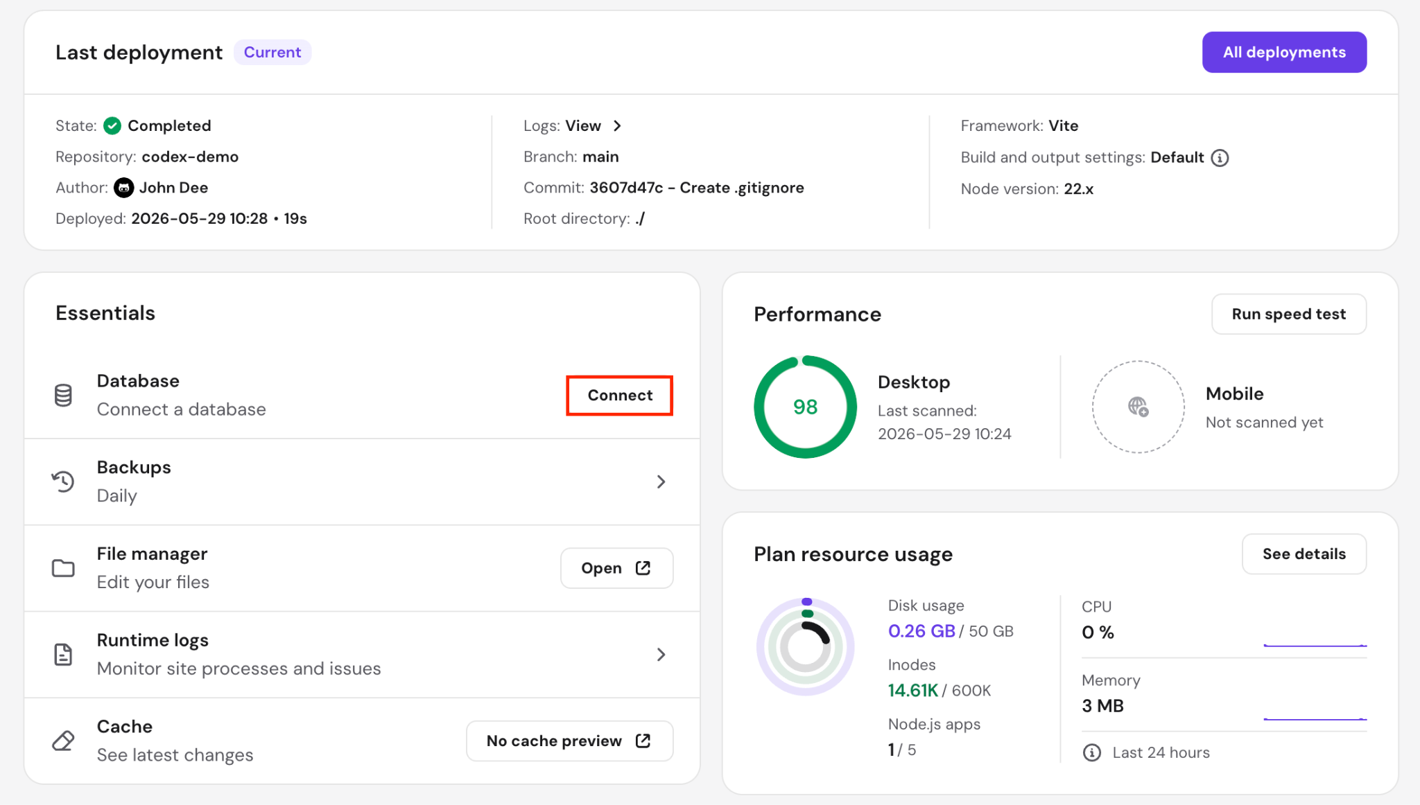The database connect wizard on hPanel's Node.js hosting dashboard