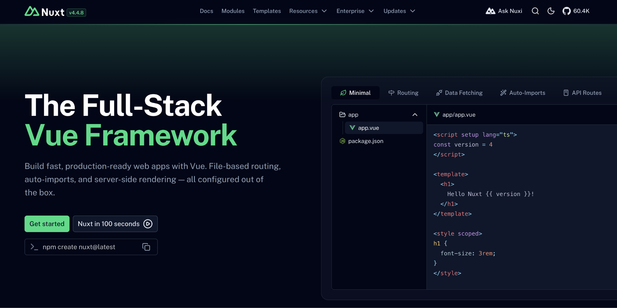 Screenshot of Nuxt landing page