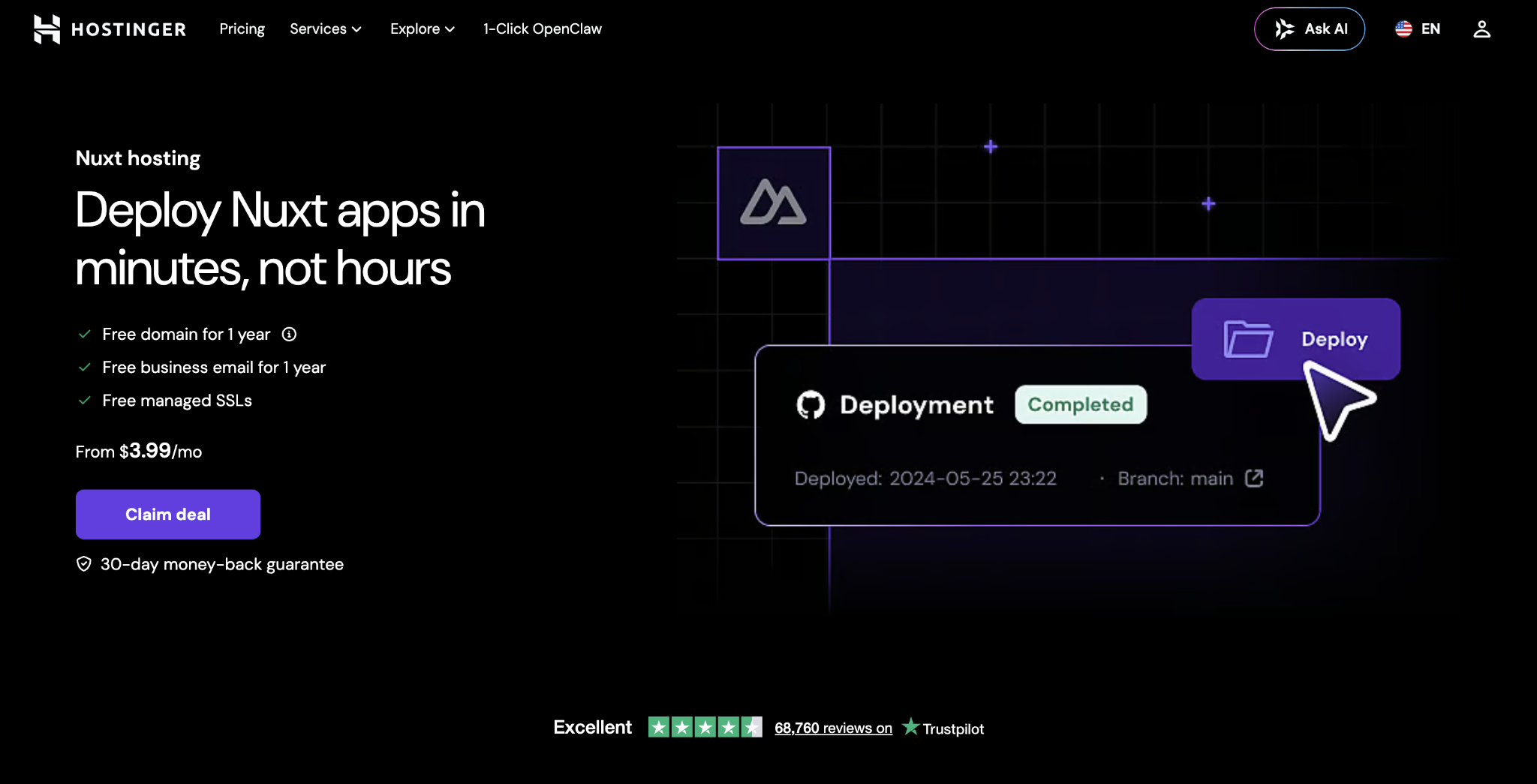 Hostinger Nuxt hosting landing page