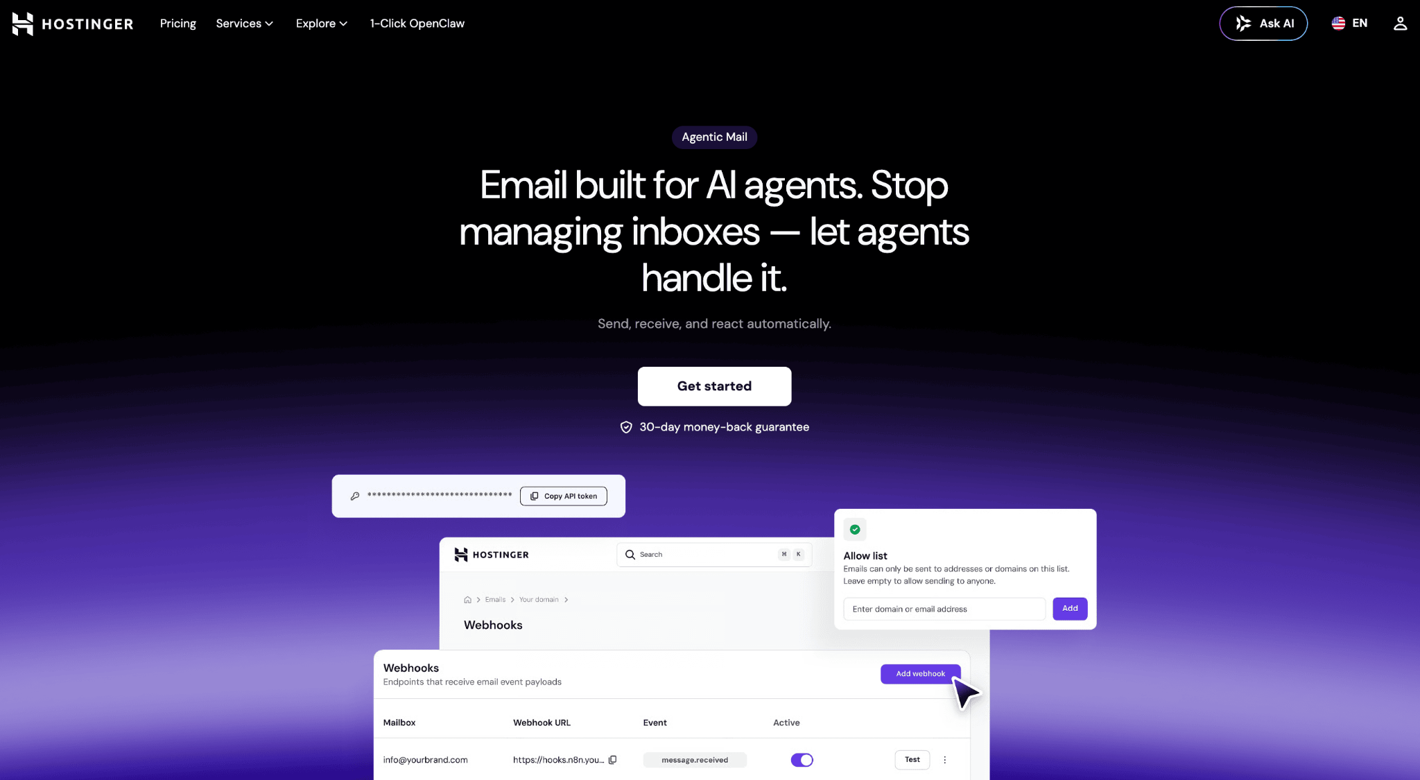 Hostinger Agentic Mail landing page with webhook configuration, API token, and allow list screenshots.