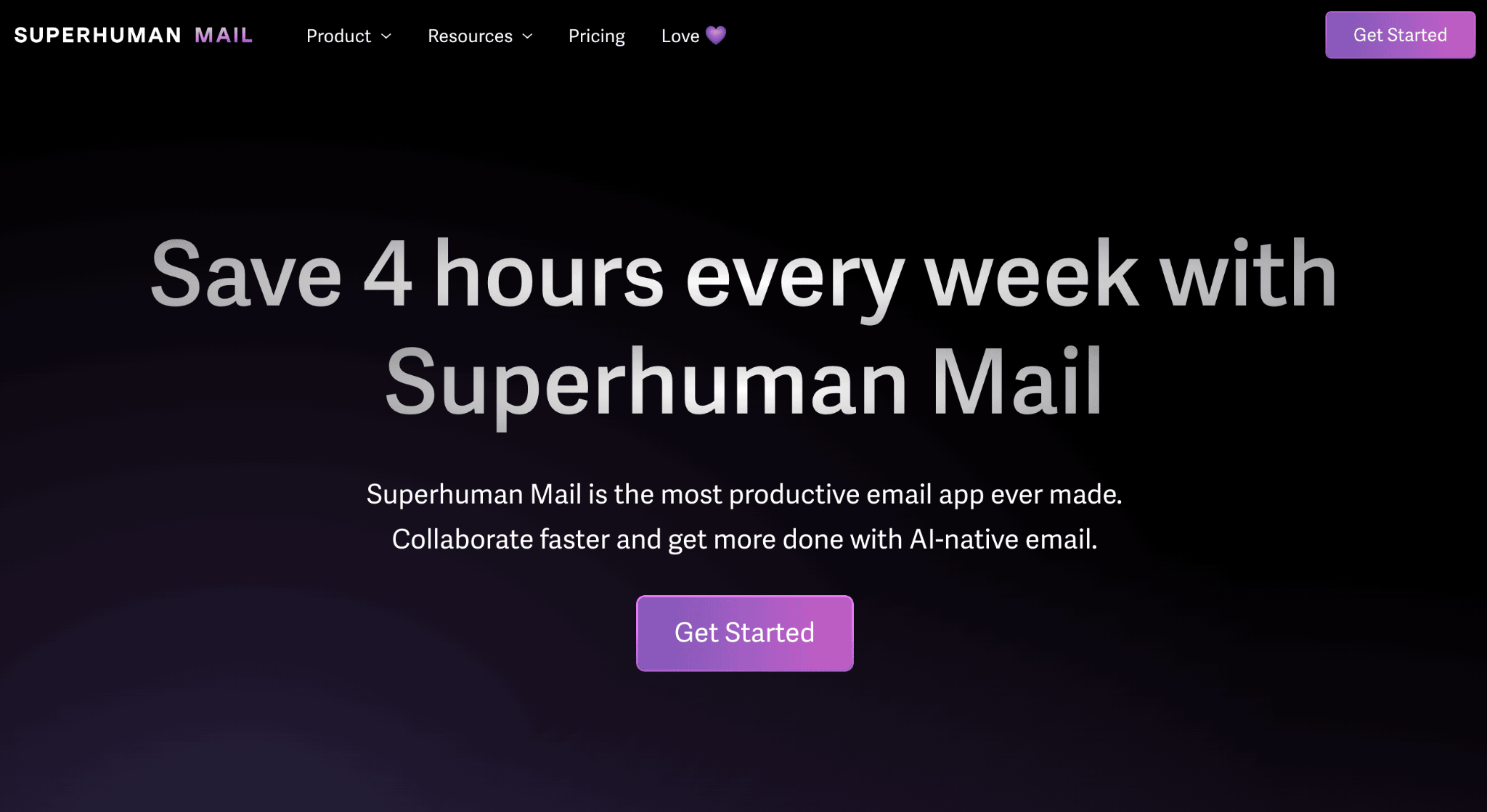 Superhuman Mail homepage showing the headline 'Save 4 hours every week with Superhuman Mail' and a Get Started button.