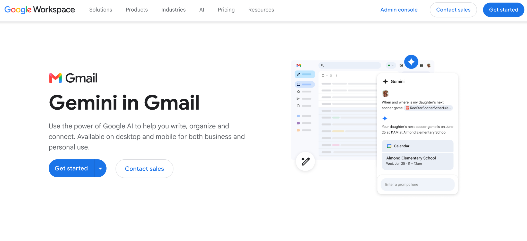 Gemini in Gmail page showing the AI sidebar answering a question about calendar events inside the Gmail interface.
