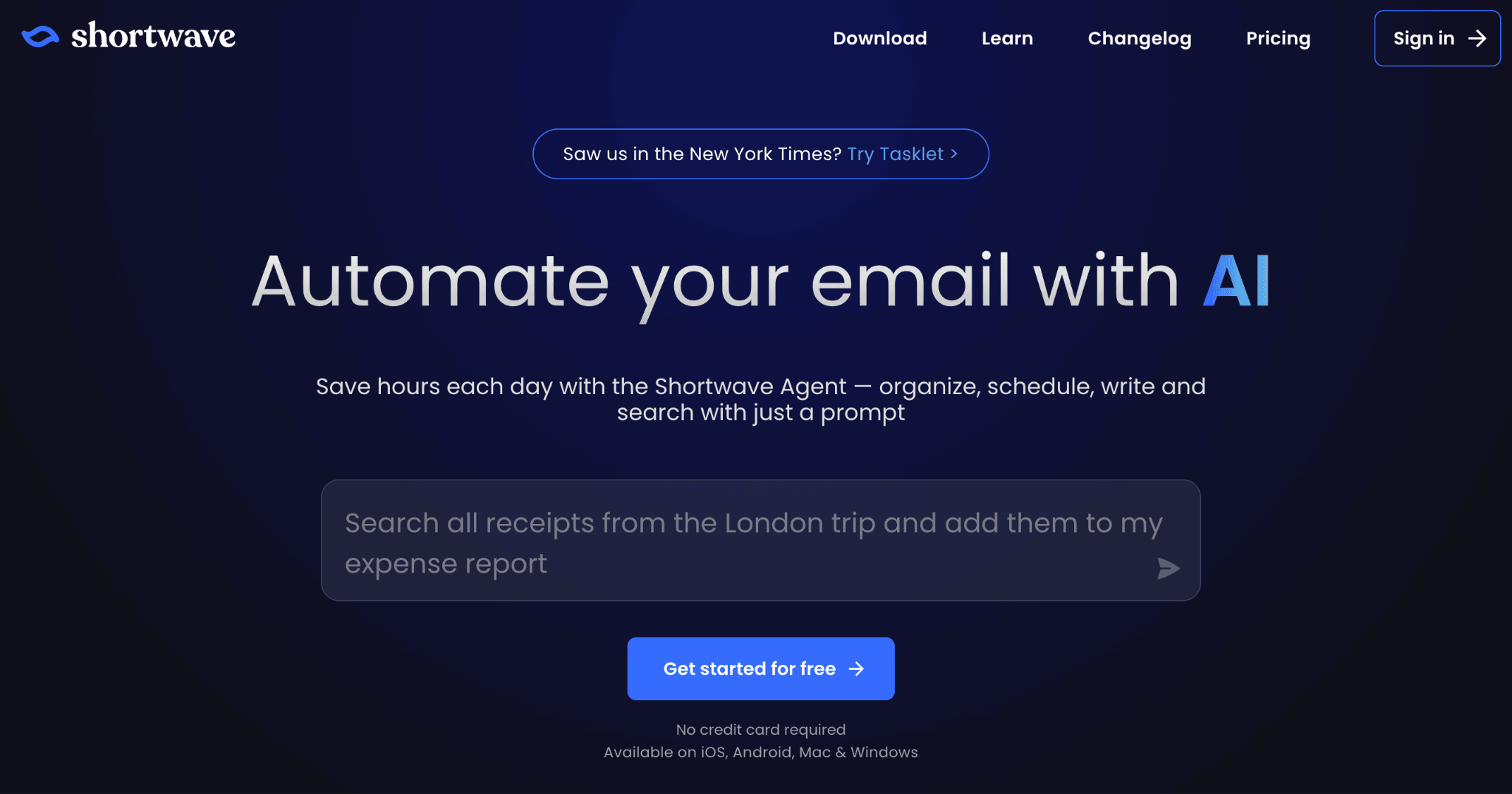 Shortwave homepage with an AI prompt field showing a natural language email search example.