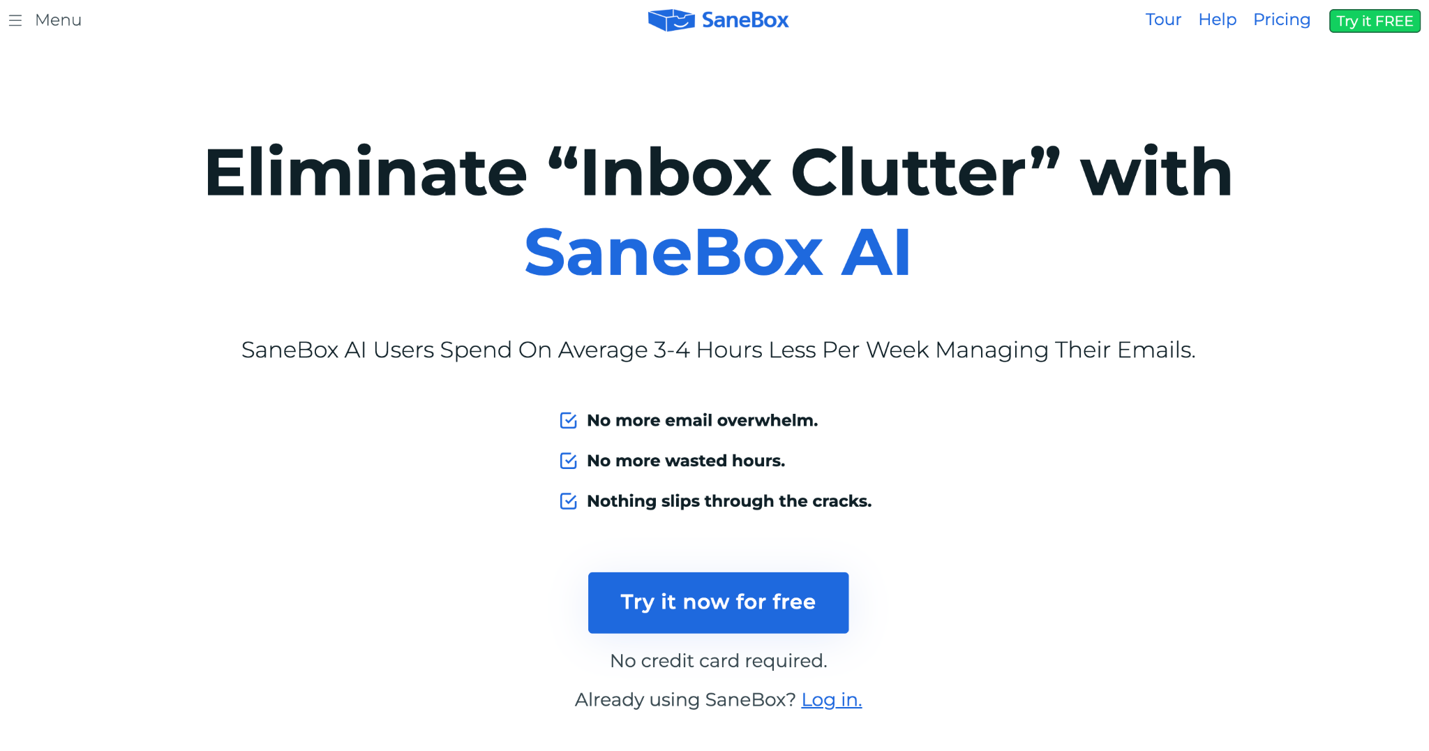 SaneBox homepage highlighting inbox clutter elimination and a free trial button.