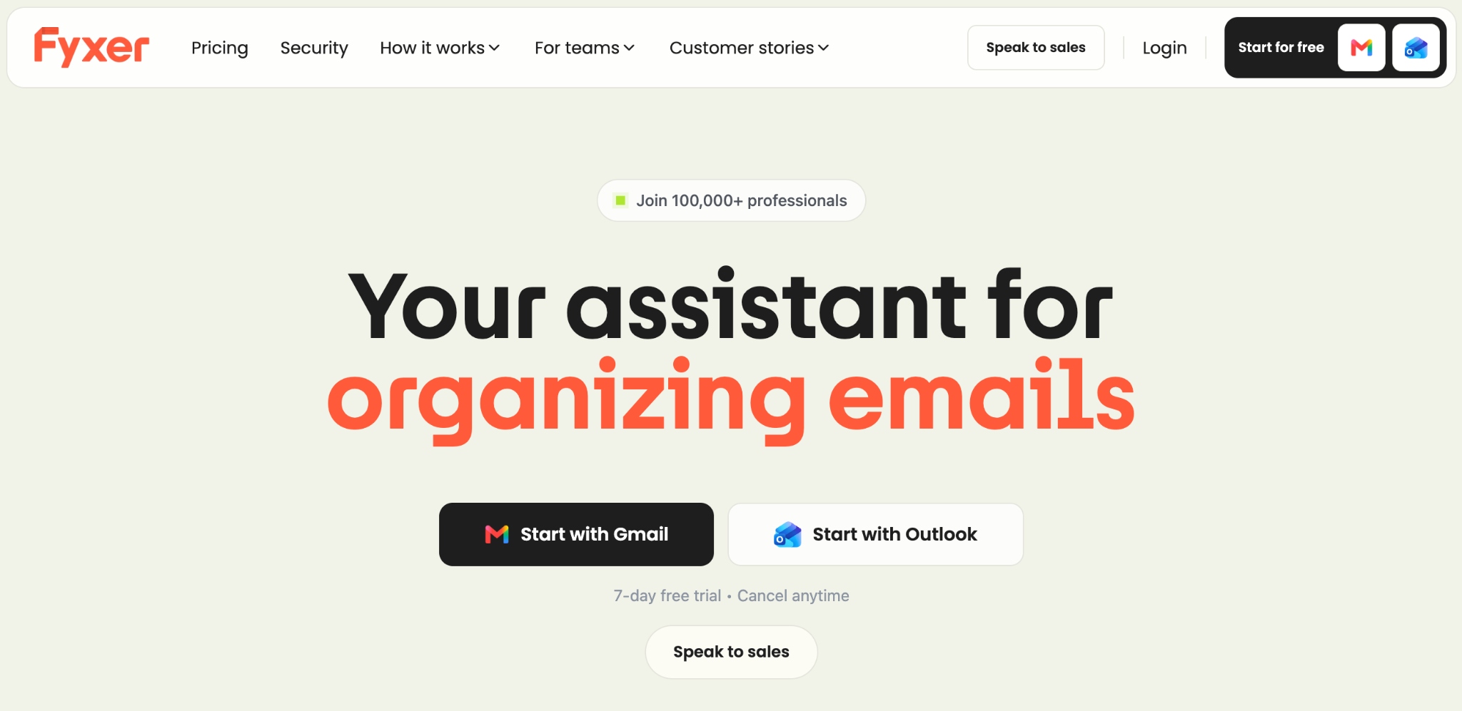 Fyxer homepage with Gmail and Outlook signup buttons and a 7-day free trial offer.