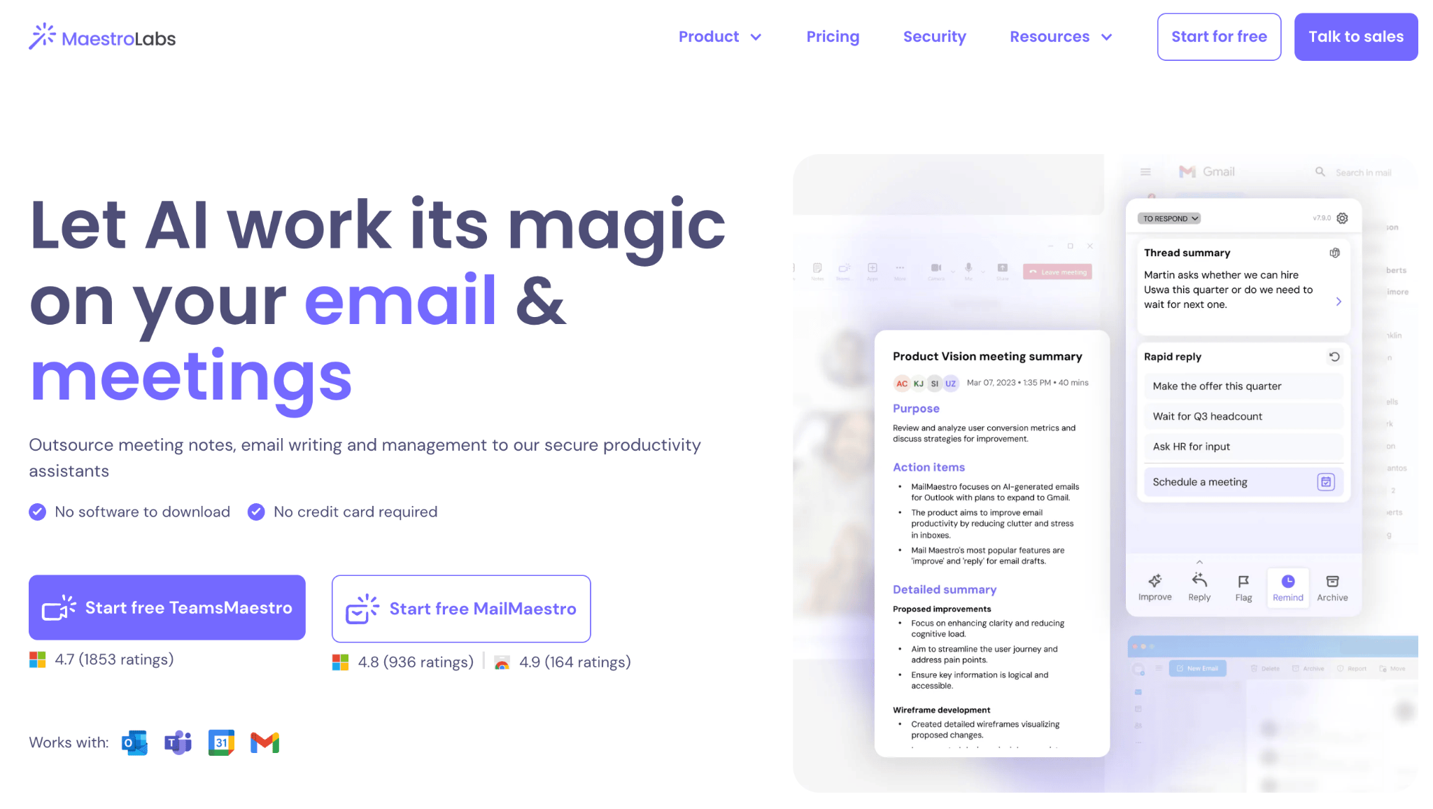 MailMaestro homepage showing thread summaries, rapid reply options, and meeting notes inside Gmail.