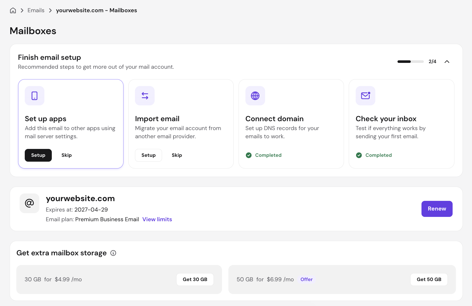 Hostinger hPanel mailboxes screen showing the Premium Business Email plan, email setup steps, and extra storage upgrade options