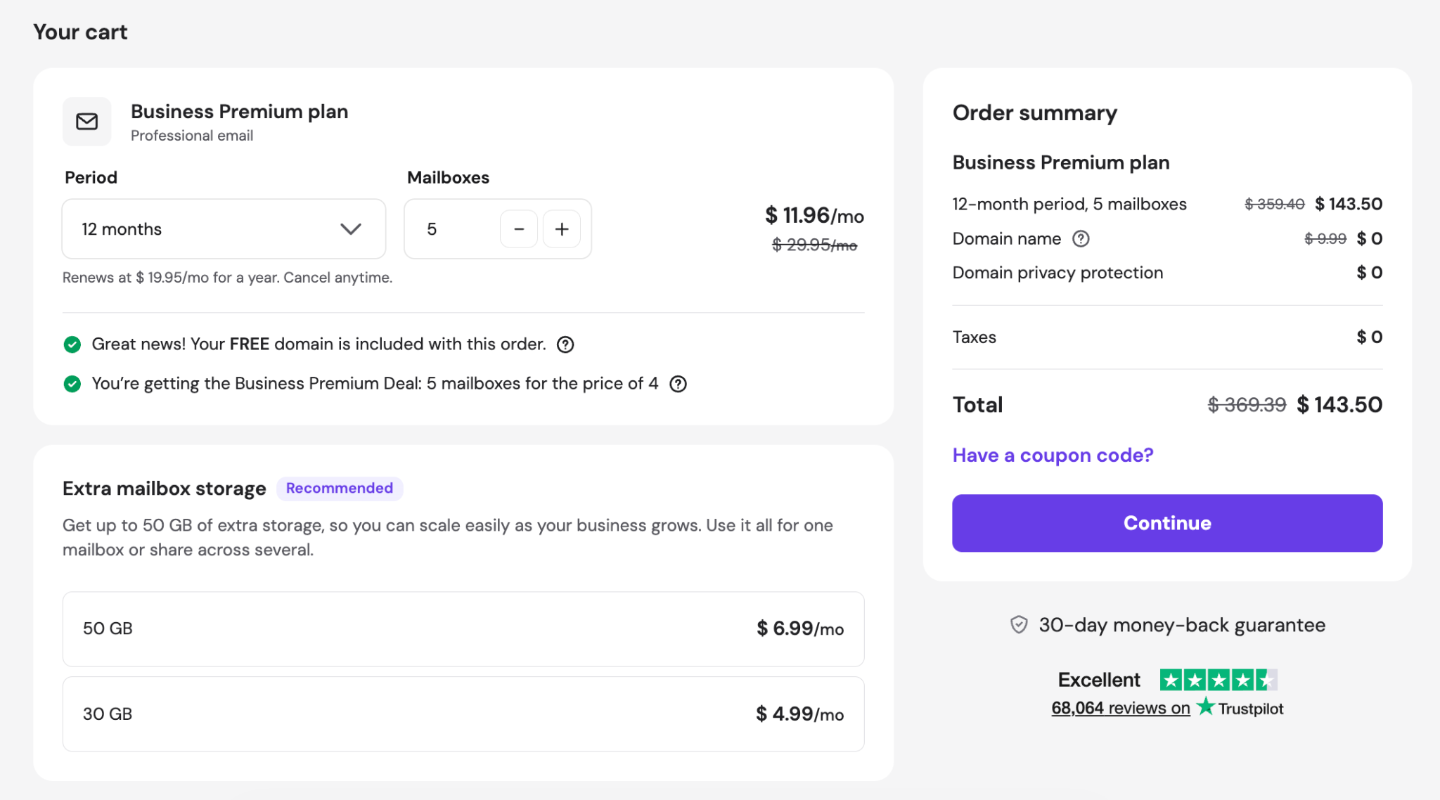Hostinger checkout screen showing a Business Premium plan order with 5 mailboxes for the price of 4, a free domain, and a 3.50 total for a 12-month term