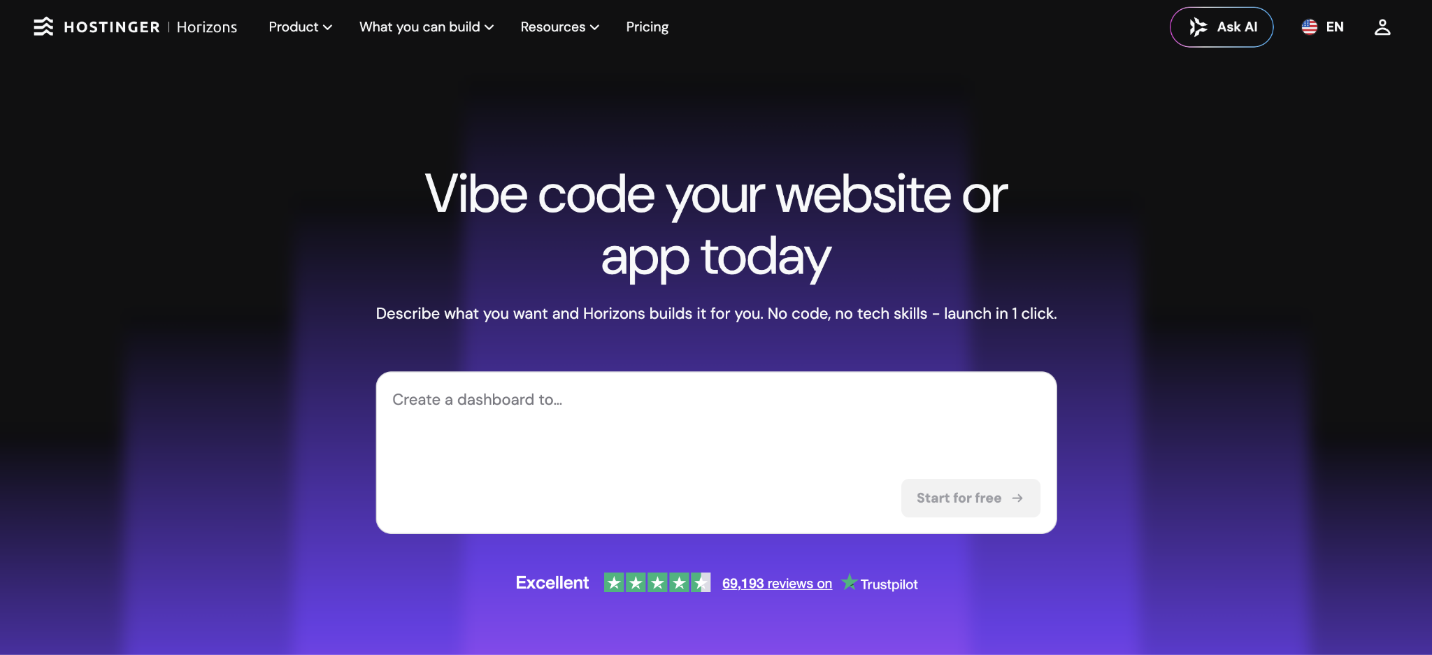 Hostinger Horizons landing page
