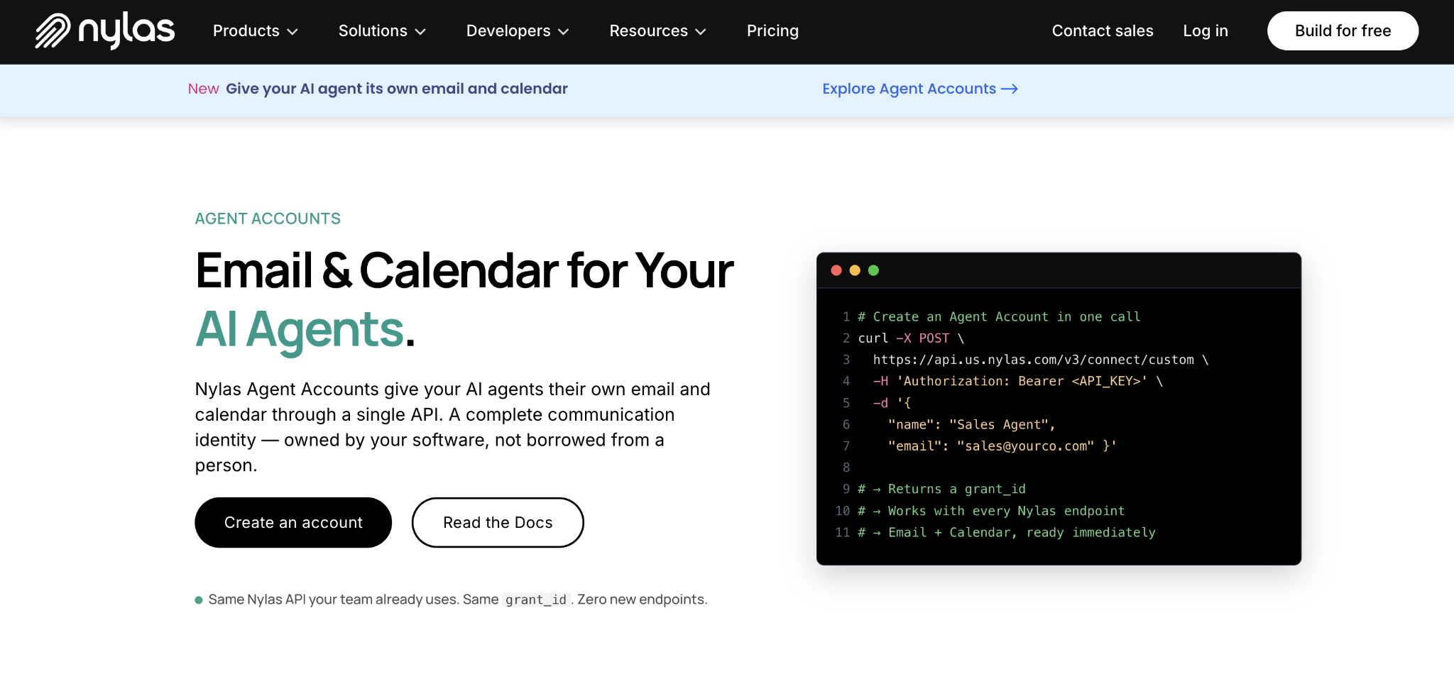 Nylas Agent Accounts landing page