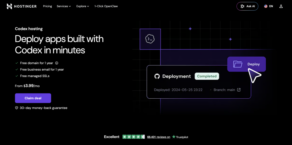 Homepage of Hostinger Codex hosting, Hostinger's managed Node.js hosting for Codex users.