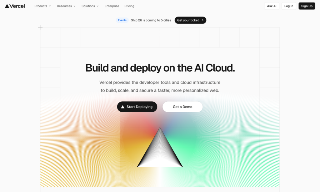 Homepage of Vercel, a deployment platform built for Next.js, React, and serverless apps.