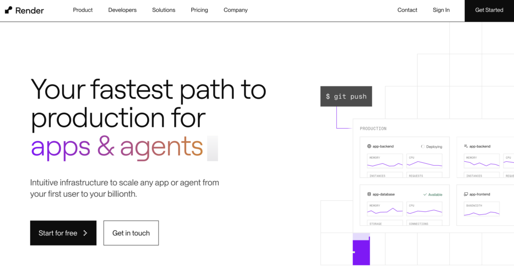 Homepage of Render, a cloud platform for Codex-generated web services, APIs, background workers, and Dockerized apps.