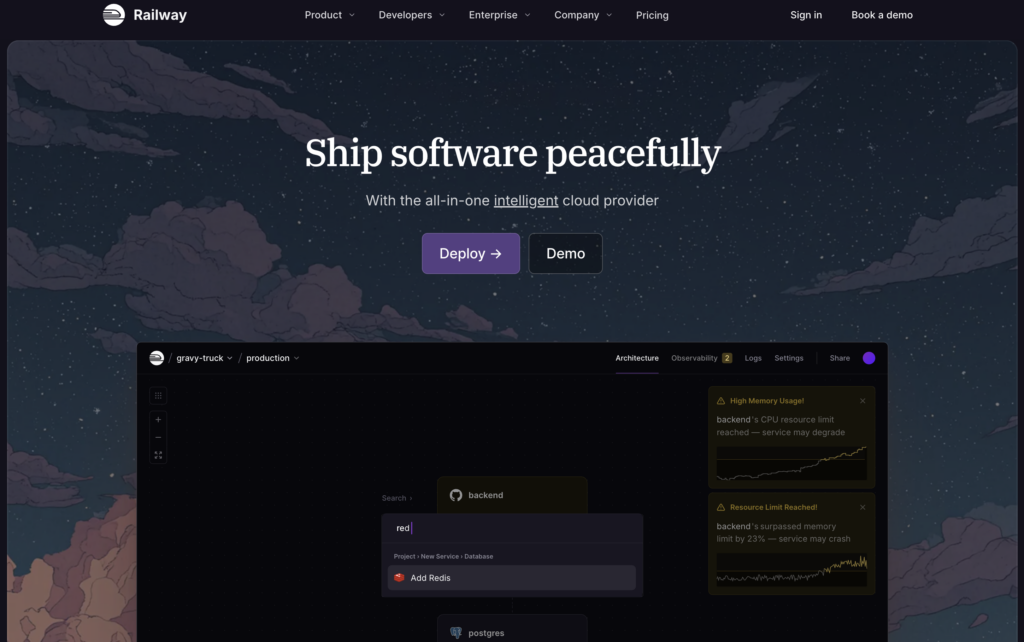 Homepage of Railway, a developer-friendly cloud platform built for speed.