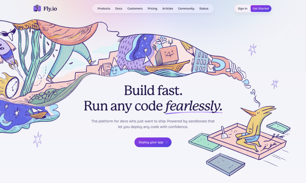 Homepage of Fly.io, an application platform that runs Codex-generated apps close to your users through globally distributed machines and container-based deployments.