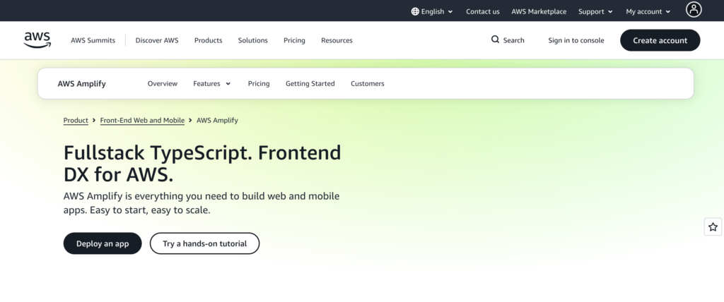 Homepage of AWS Amplify, a deployment and backend platform for Codex-generated frontend and full-stack apps built with modern JavaScript frameworks.