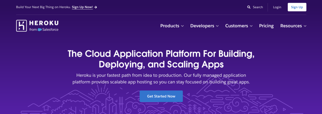 Homepage of Heroku, a mature platform-as-a-service for Codex-generated apps built with Node.js, Python, Ruby, Java, Go, PHP, and other common runtimes.