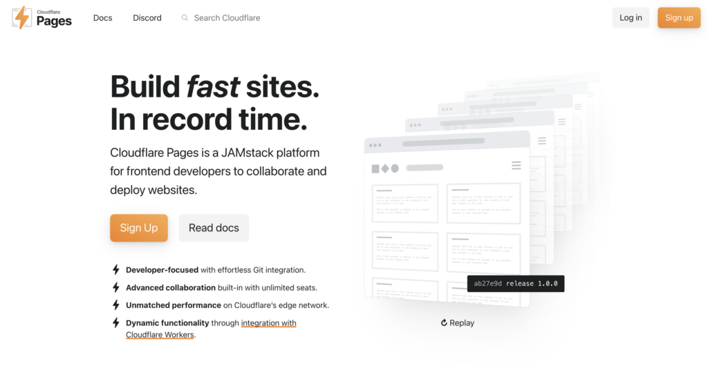 Homepage of Cloudflare Pages, a hosting platform for Codex-generated static sites, frontend apps, Jamstack projects, and edge-deployed experiences.