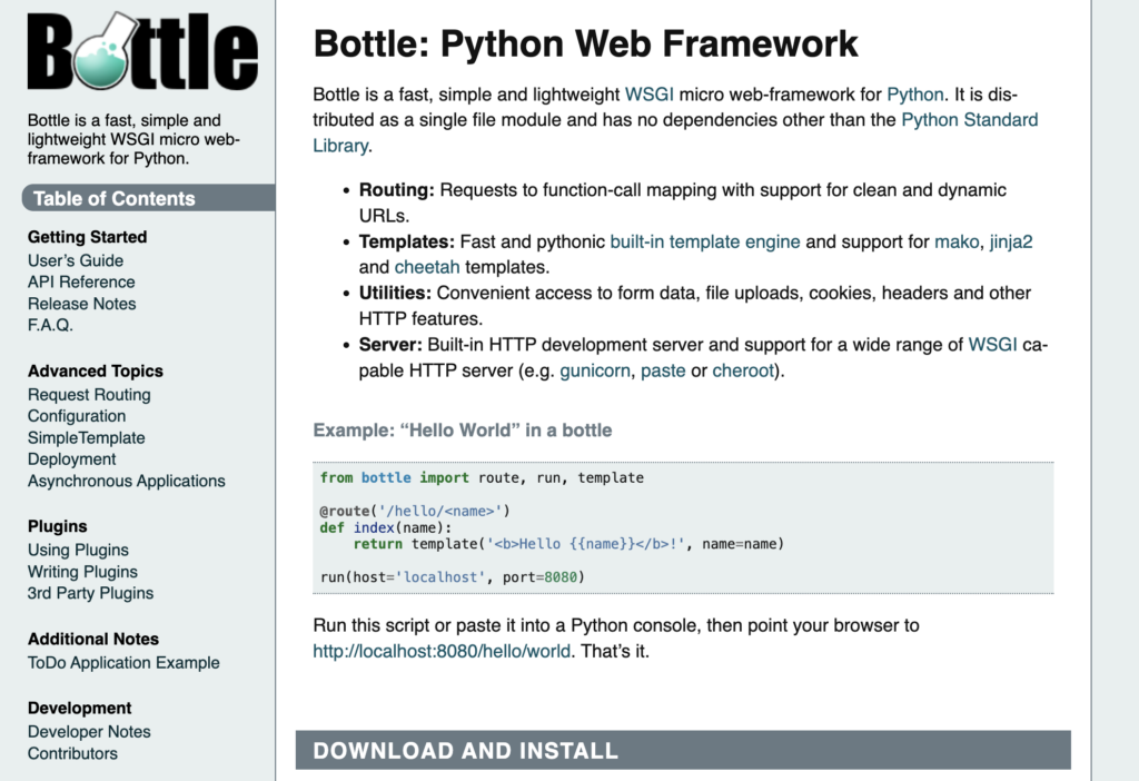 Bottle framework documentation homepage. The page describes Bottle as a fast, simple, and lightweight Python WSGI web framework and highlights features such as URL routing, templating, utilities for handling HTTP requests, and built-in server support.