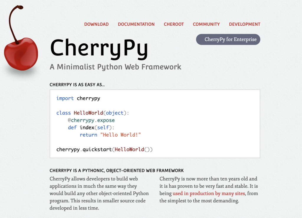 CherryPy homepage featuring the CherryPy logo and the tagline "A Minimalist Python Web Framework." The page highlights CherryPy's object-oriented approach to web development and includes a simple "Hello World" code example.