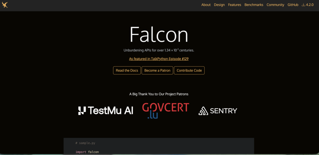 Falcon framework homepage featuring the Falcon logo and tagline describing it as a high-performance framework for building APIs. The page includes navigation links to documentation, features, benchmarks, community resources, and GitHub, along with buttons to read the documentation, support the project, and contribute code.