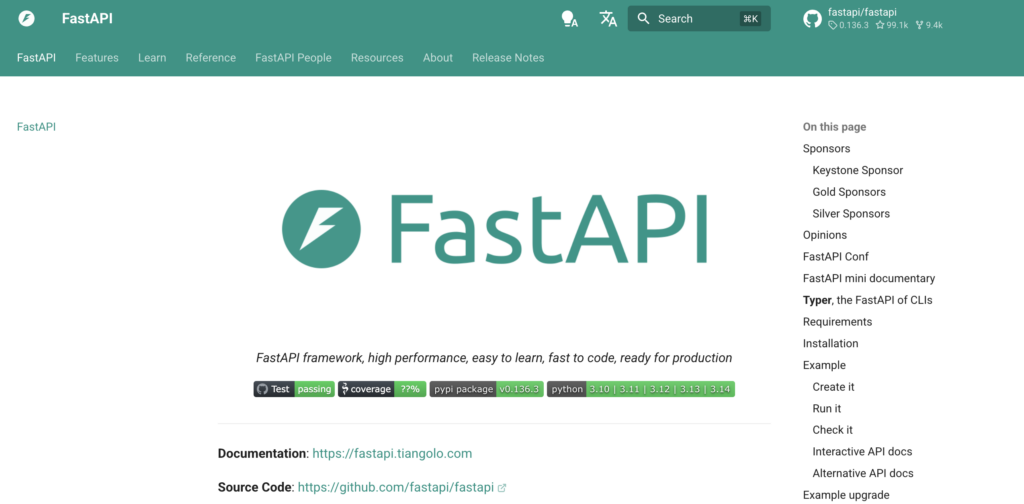FastAPI homepage showing the FastAPI logo and tagline "FastAPI framework, high performance, easy to learn, fast to code, ready for production."