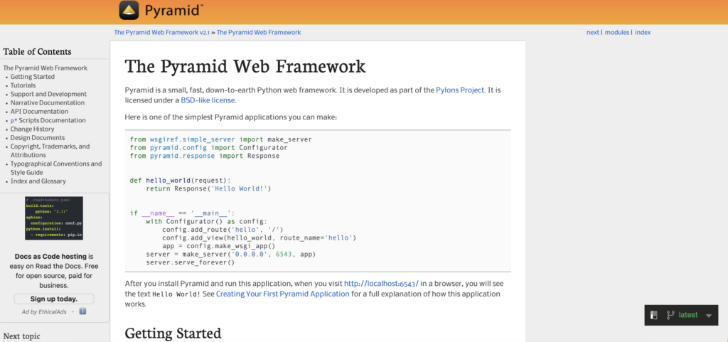 Pyramid Web Framework documentation homepage. The page introduces Pyramid as a small, fast Python web framework and includes a simple "Hello World" application example written in Python.