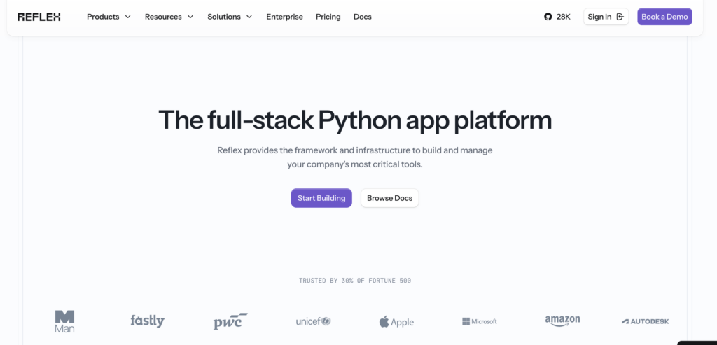 Reflex homepage featuring the headline "The full-stack Python app platform." The page describes Reflex as a framework and infrastructure platform for building and managing business applications. Below the headline are "Start Building" and "Browse Docs" buttons, with logos of companies including Microsoft, Apple, Amazon, UNICEF, and PwC displayed near the bottom.