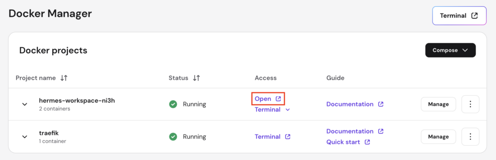 Docker Manager project list with the Open link for hermes-workspace shown