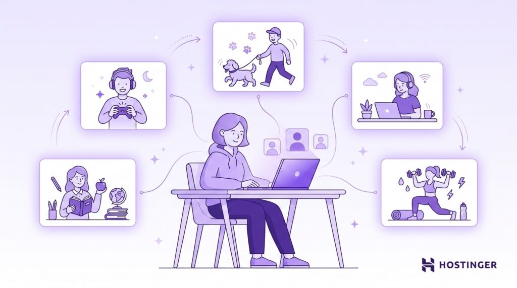 Person working on a laptop while managing a print-on-demand business, with illustrations showing different target audiences and niches, including gaming, education, pet owners, remote workers, and fitness enthusiasts. The image represents building products and branding around specific customer groups.