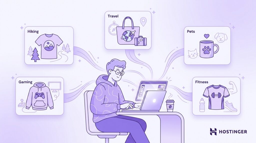 Person working on a laptop while designing a print-on-demand store, surrounded by niche product ideas including hiking apparel, gaming hoodies, travel tote bags, pet-themed mugs, and fitness clothing. Illustration highlights how print-on-demand businesses can target specific audiences and interests.
