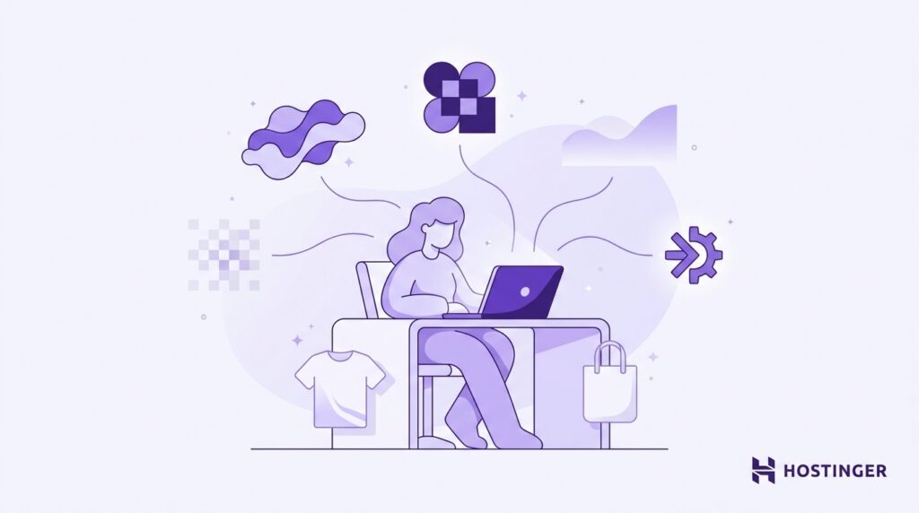 Person brainstorming a print-on-demand brand name on a laptop, surrounded by abstract logos, geometric symbols, and product mockups. The illustration represents developing a flexible, brandable identity that can grow across different products, audiences, and design styles.
