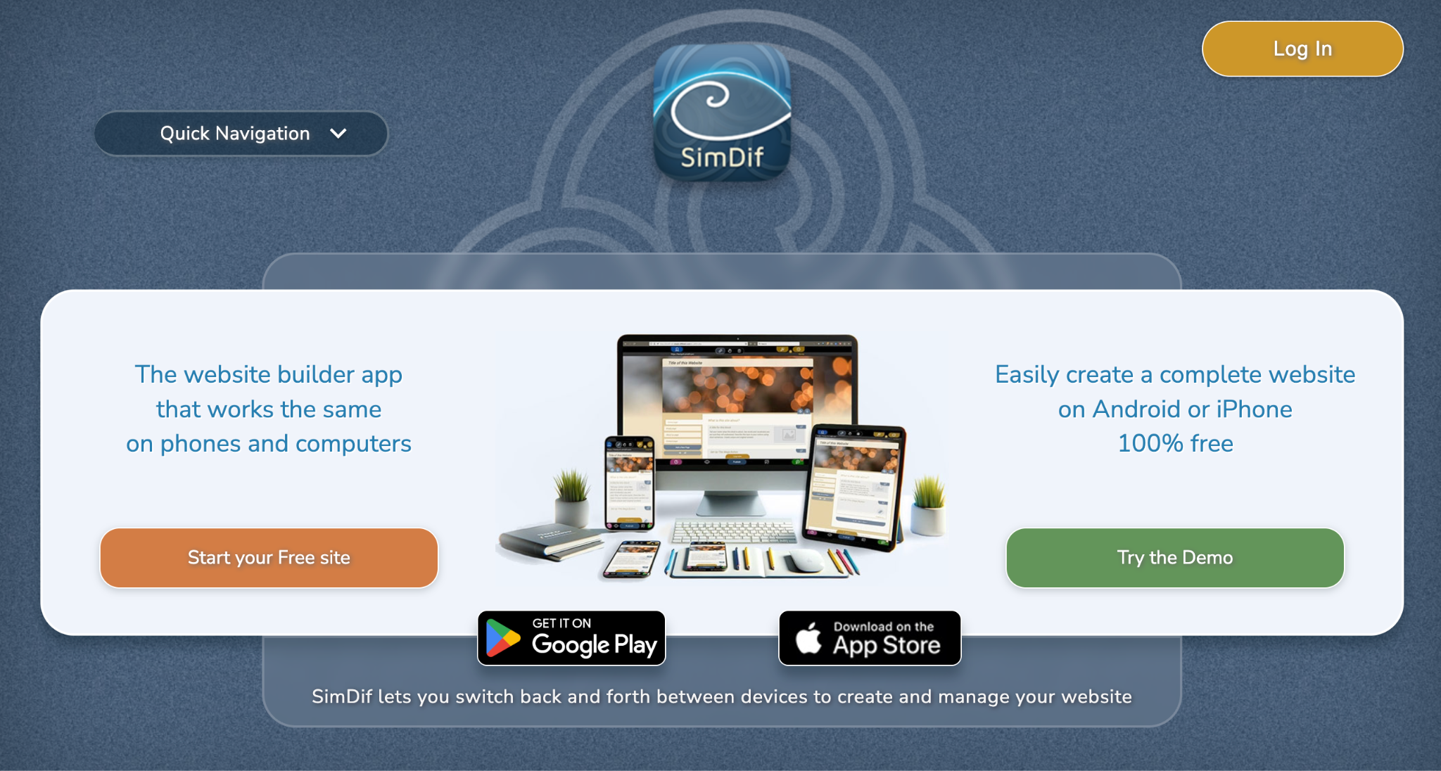 SimDif homepage describing it as the website builder app that works the same on phones and computers, showing the editor running on a desktop monitor, tablet, and smartphones, with Google Play and App Store download buttons.