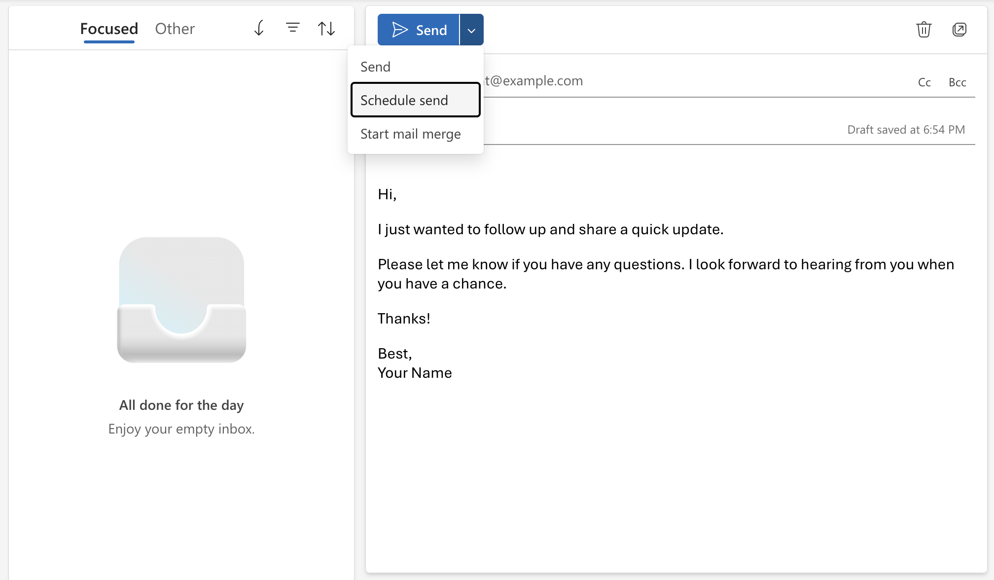 Outlook compose window with the Send dropdown open and the Schedule send option highlighted.