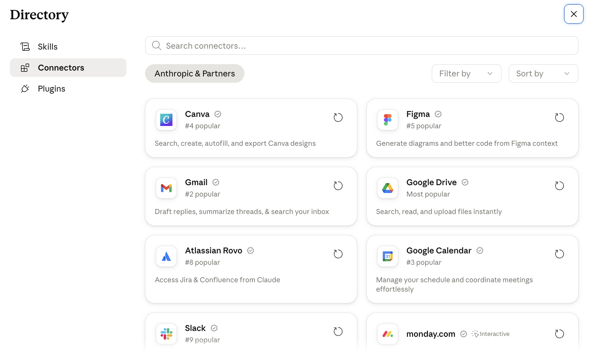 Gmail connector card in Claude's Directory panel, ranked #2 popular, described as draft replies, summarize threads, and search your inbox