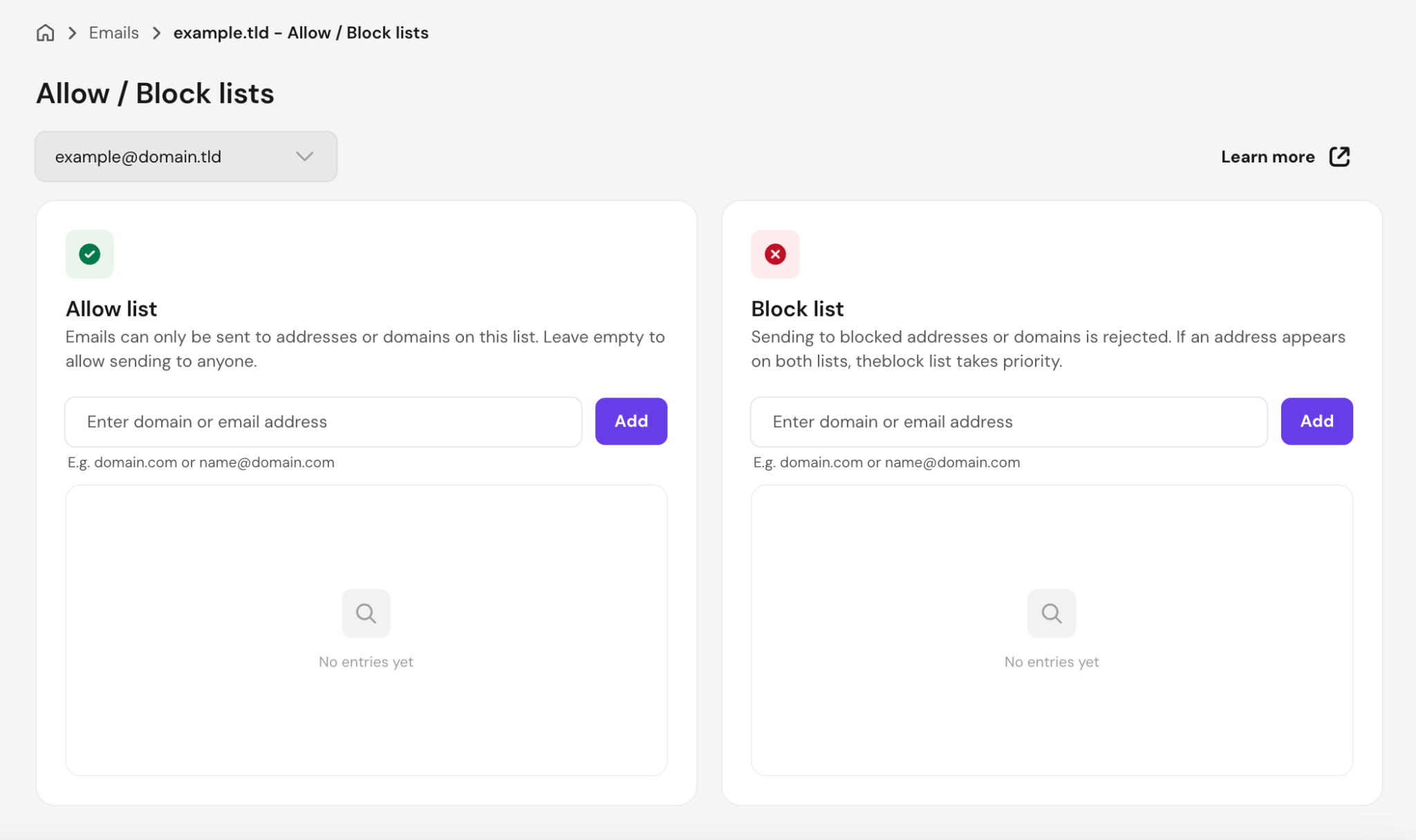 hPanel Allow/Block lists screen for Agentic Mail, showing empty outbound allow and block list fields for a mailbox's permitted send addresses and domains
