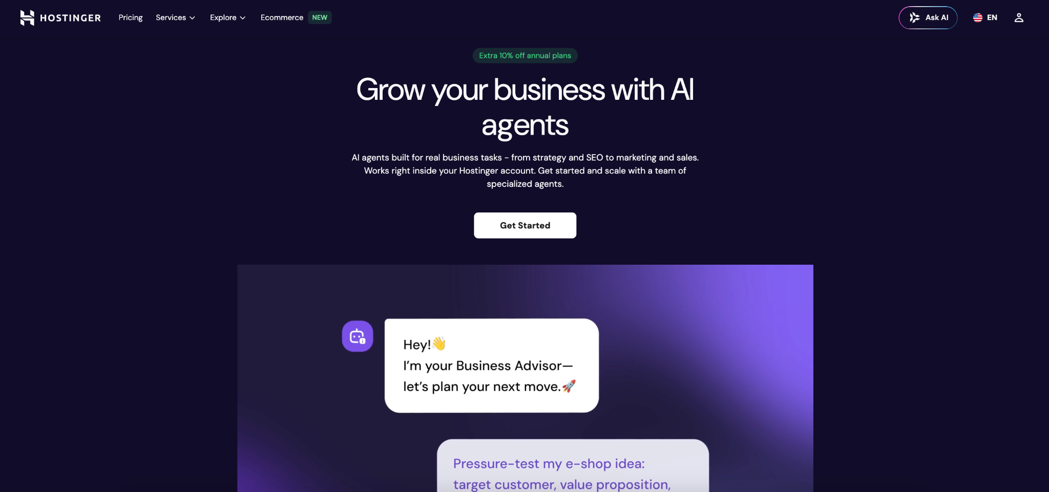 Hostinger AI agents homepage showing the headline