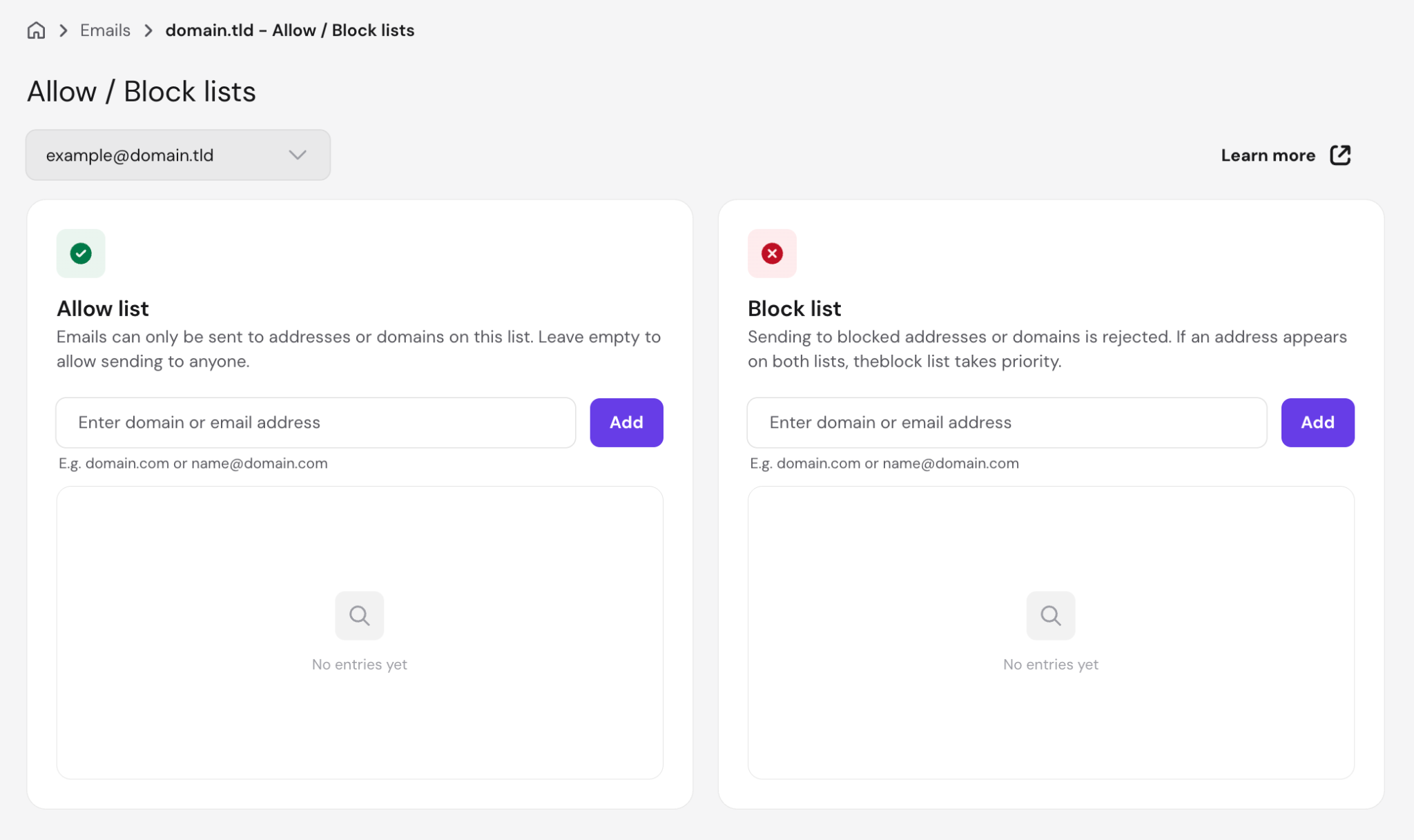 The Allow / Block lists screen in Hostinger Agentic Mail showing the allow list and block list panels with domain and email address input fields