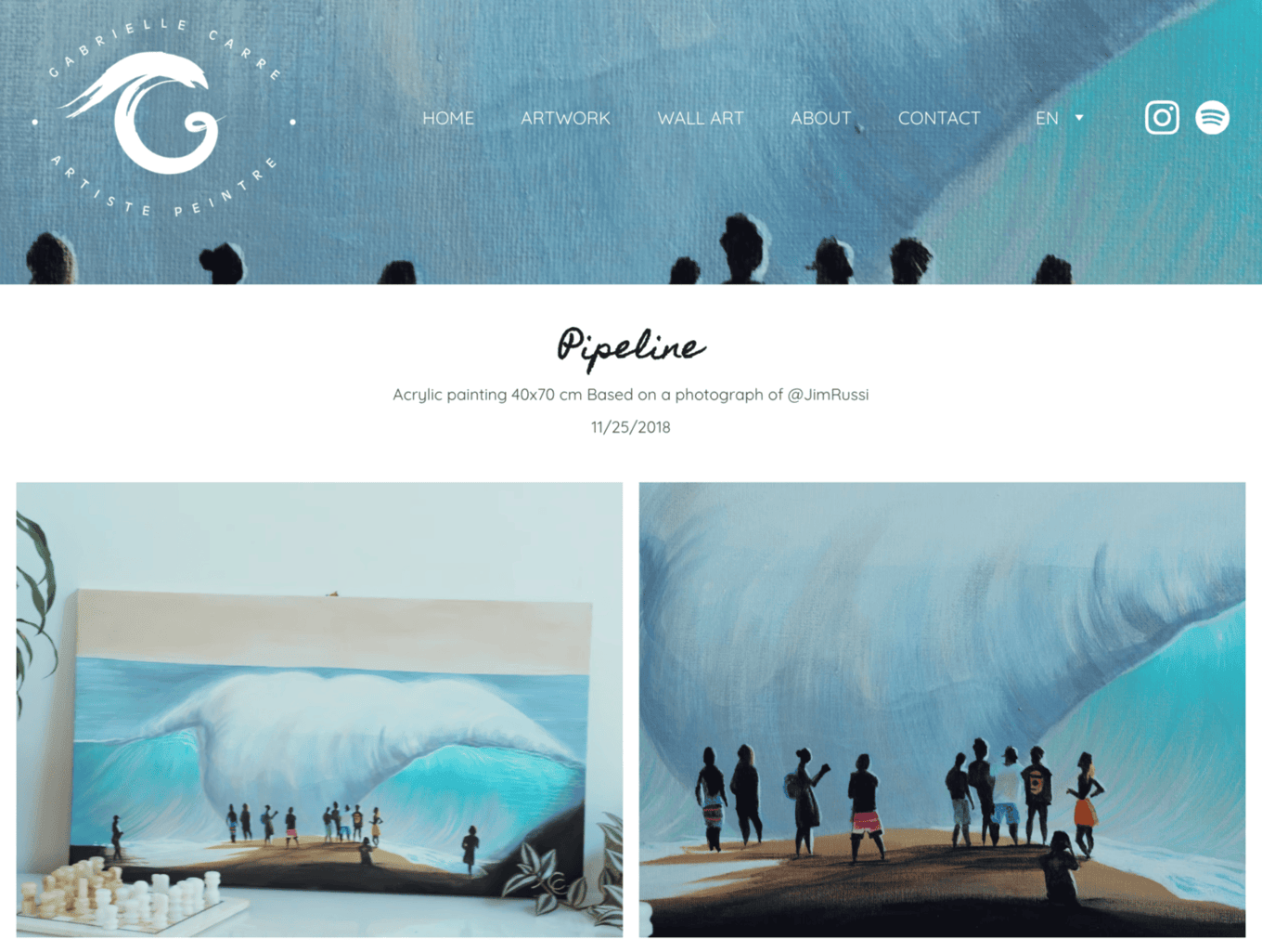 Gabrielle Carre's artist website displaying the Pipeline product page, with two photos of a 40×70 cm acrylic painting showing silhouetted figures on a beach in front of a large wave