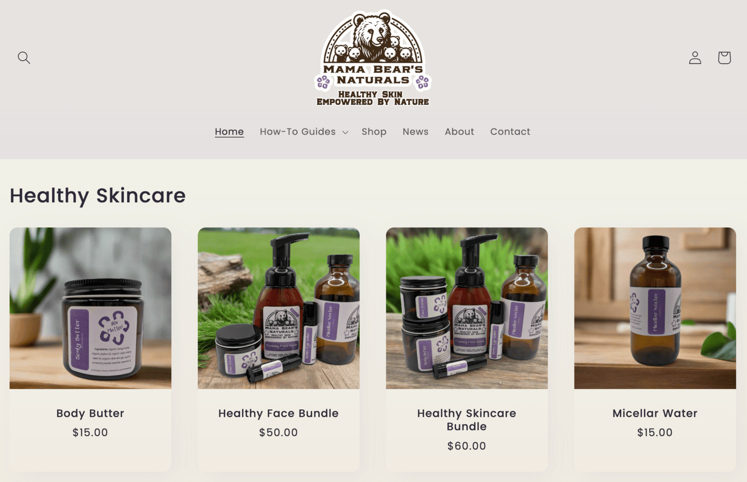 Mama Bear's Naturals homepage displaying four natural skincare products – body butter, face bundle, skincare bundle, and micellar water – priced between and