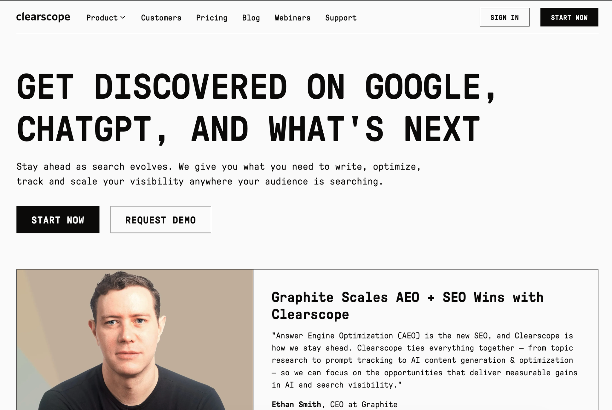 Clearscope homepage pinch the header