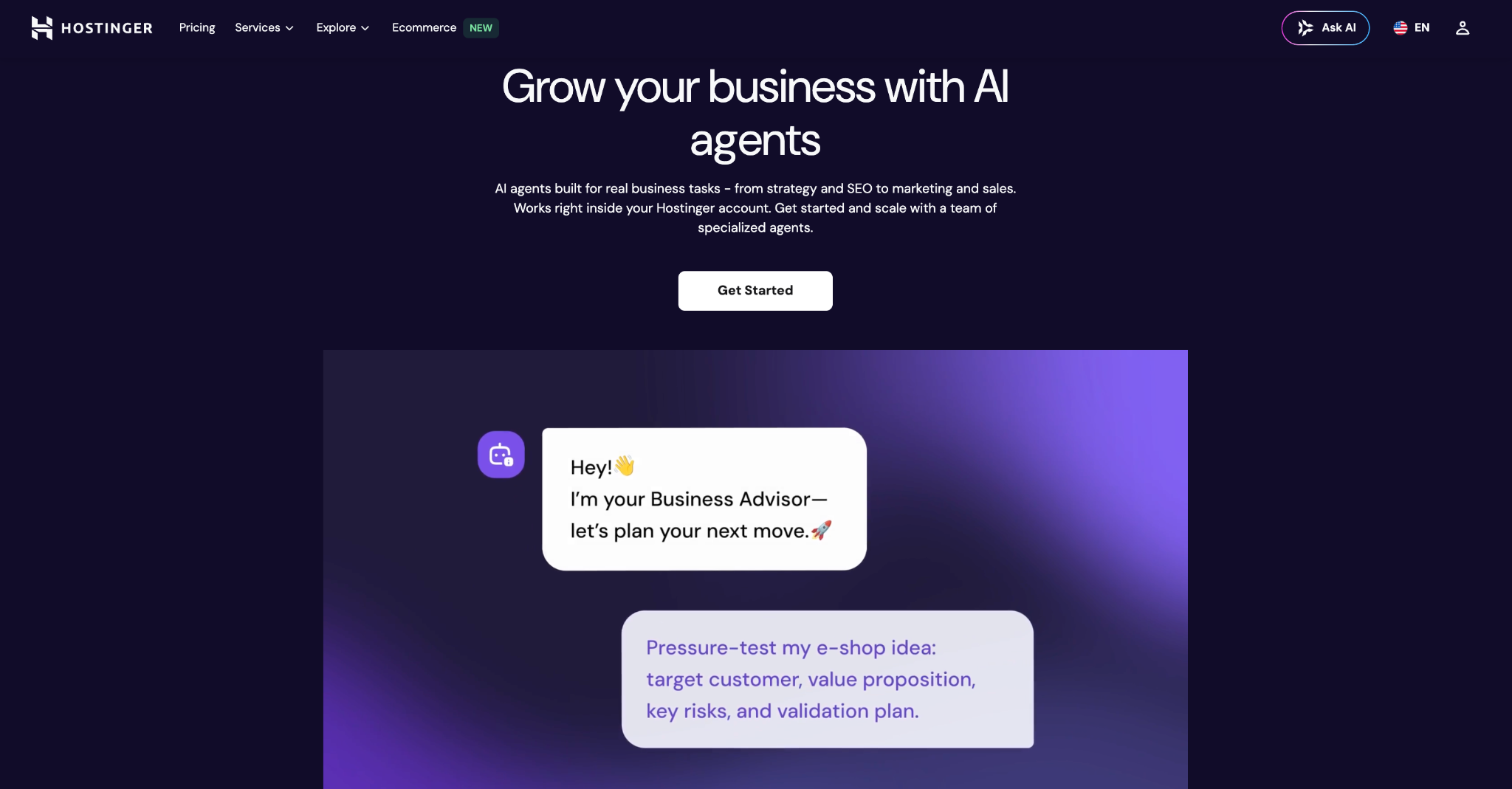 Hostinger AI Agents homepage pinch the header
