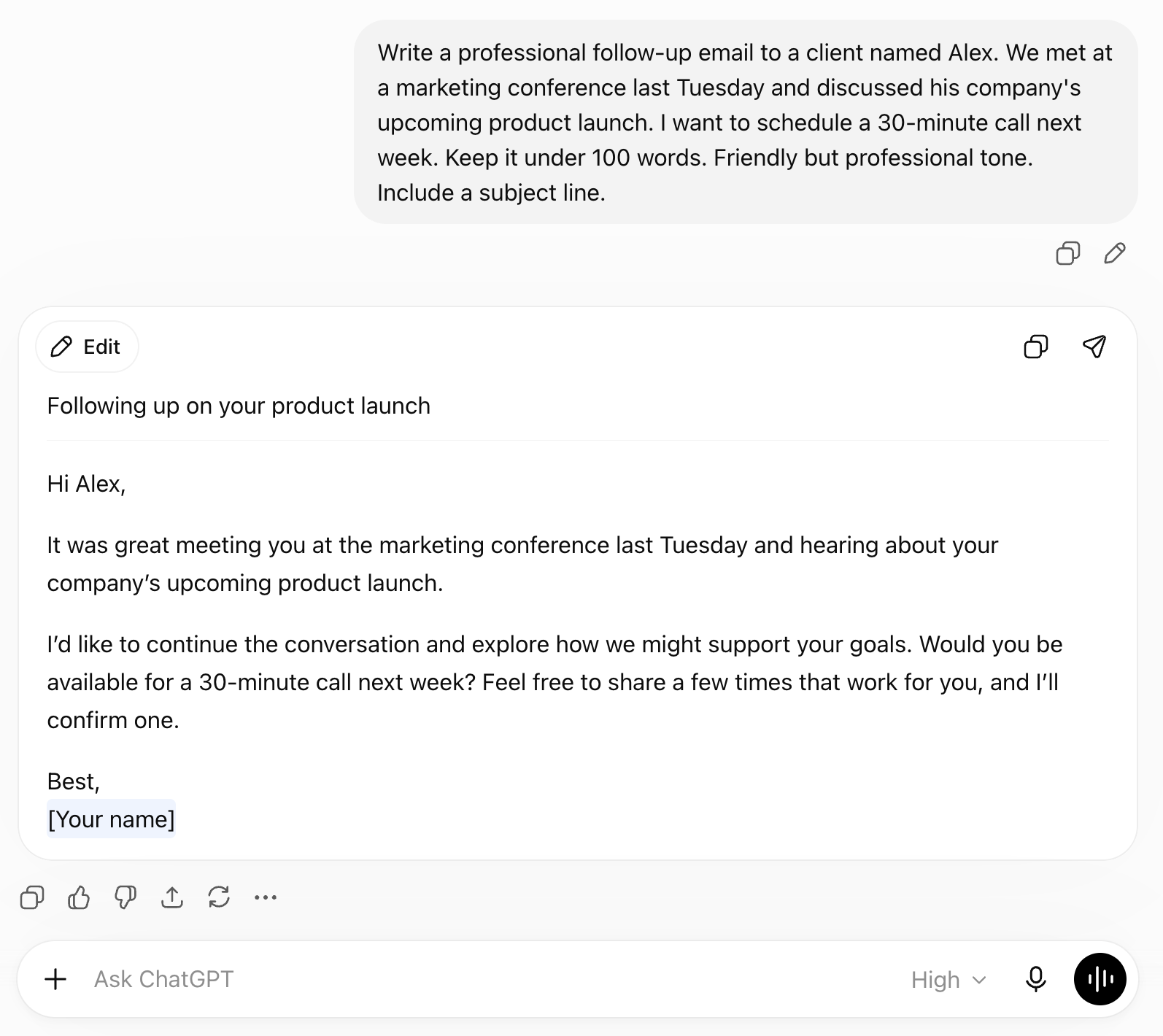ChatGPT chat window showing a follow-up email prompt and the drafted reply with subject line