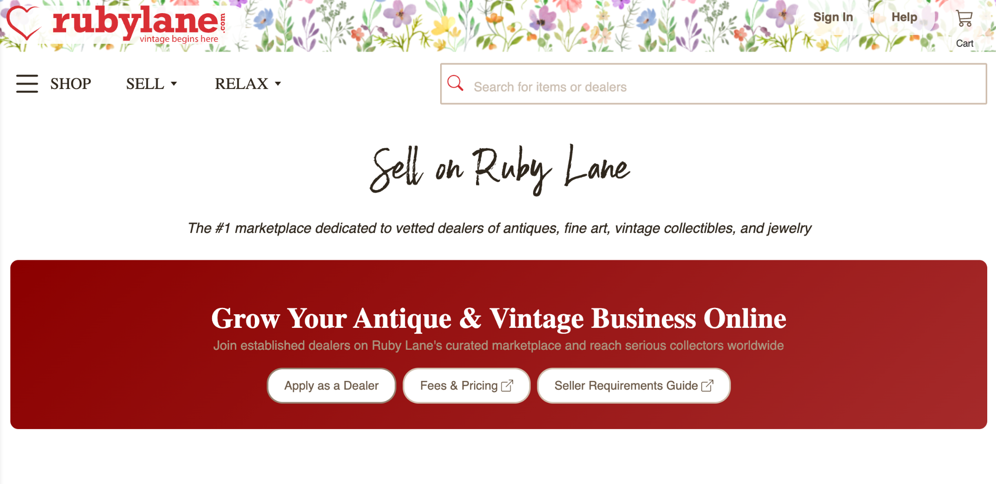 Ruby Lane's seller page describing the marketplace for vetted dealers of antiques, fine art, vintage collectibles, and jewelry, with Apply as a Dealer and Fees & Pricing buttons