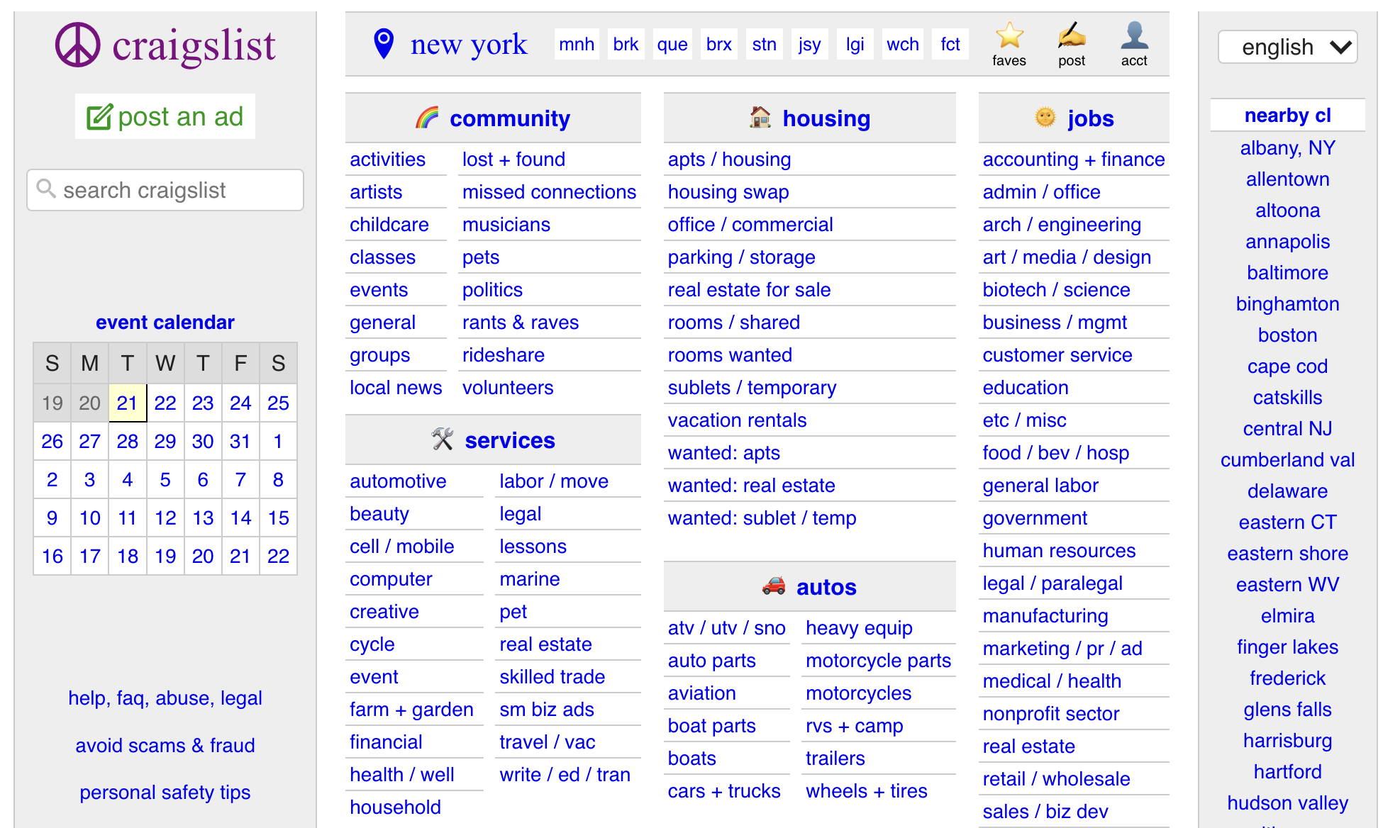 Craigslist's New York homepage listing categories such as community, housing, jobs, services, and autos in a plain text layout