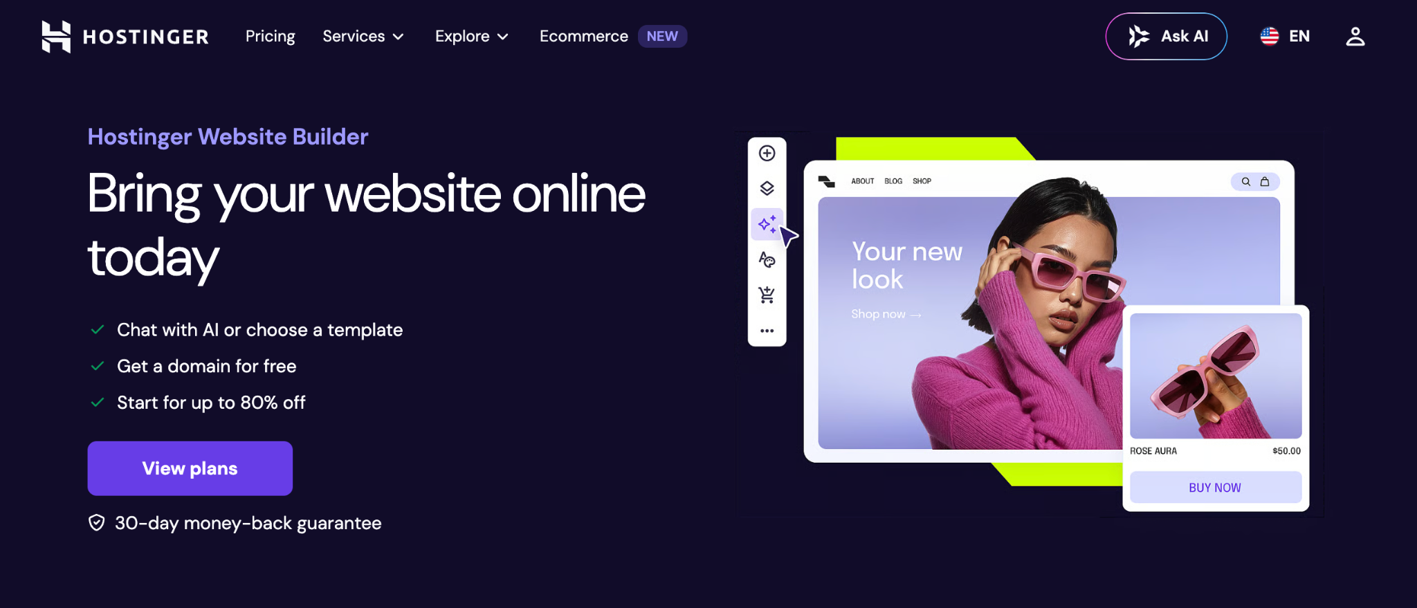 Hostinger Website Builder's landing page with the headline