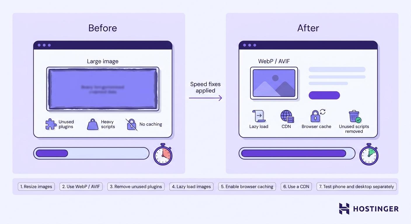 Before-and-after diagram of an ecommerce product page showing slow vs. optimized load states, with seven speed fixes listed below.