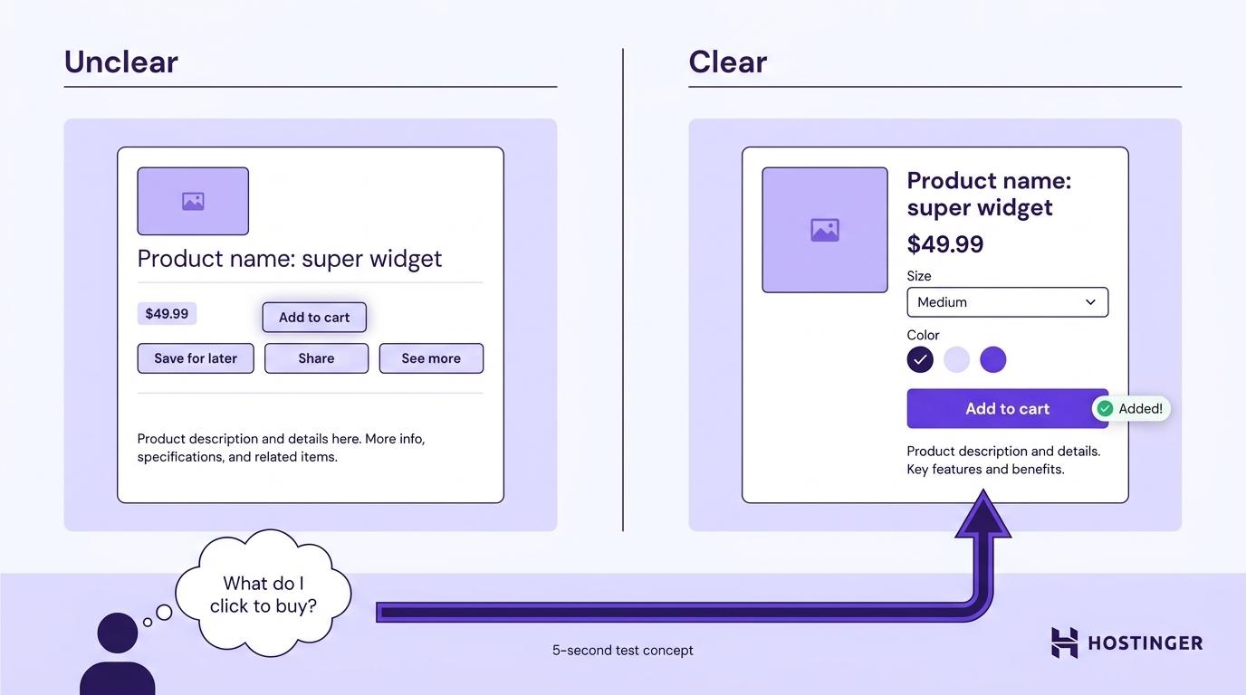 Side-by-side product page comparison showing a buried CTA vs. a well-placed, high-contrast Add to cart button, with a five-second test callout